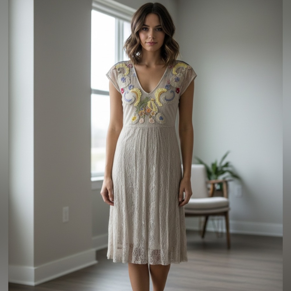 Johnny Was Biya Embroidered Floral Mesh Lace Short Sleeve Dress Small